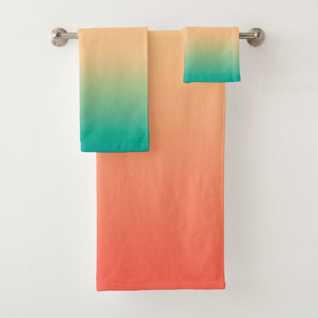 Gradient ombre coral blush beige green soft blurre bath towel set (Insitu)