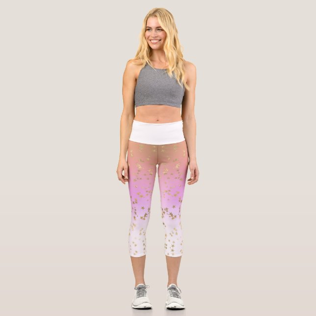 Gradient peach purple white gold star pattern capri leggings (Front)