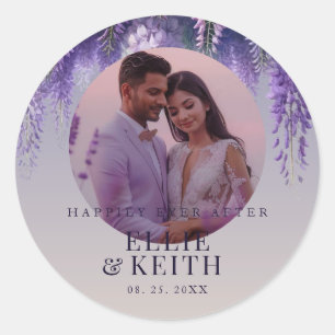 Gradient Purple Happily Ever After Photo Wedding Classic Round Sticker