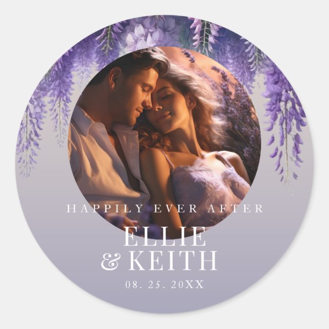 Gradient Purple Happily Ever After Photo Wedding Classic Round Sticker (Front)