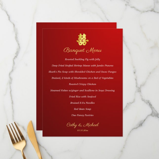 Gradient red Chinese wedding double happiness Menu (Front/Back In Situ)