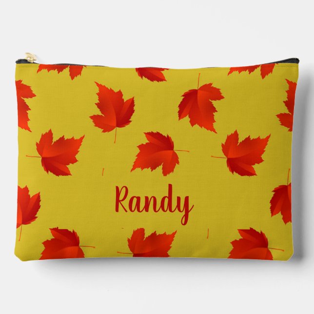 Gradient red dry leaves custom name yellow accessory pouch (Front)