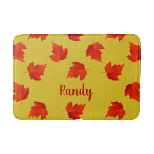 Gradient red dry leaves custom name yellow bath mat