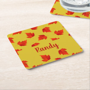Gradient red dry leaves custom name yellow square paper coaster