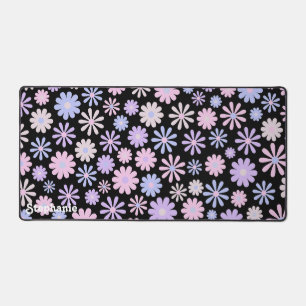 Gradient Retro Pink Purple Blue Daisies Black Desk Mat