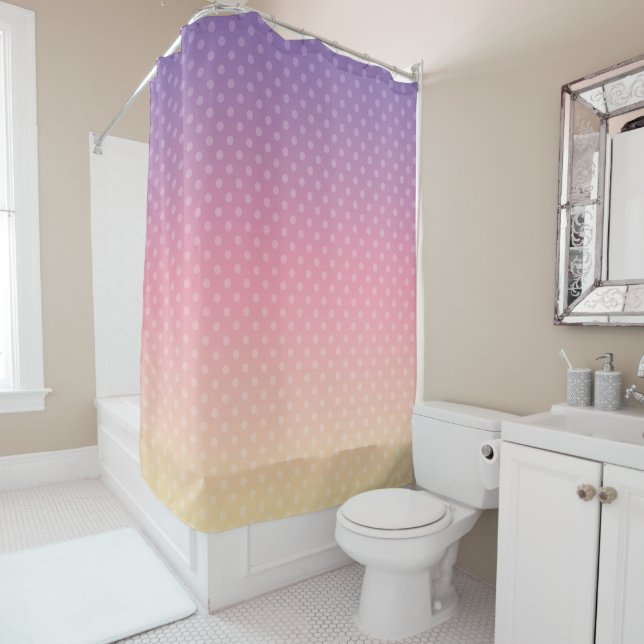 Gradient soft pastel colours polka dot pink violet shower curtain (In Situ)