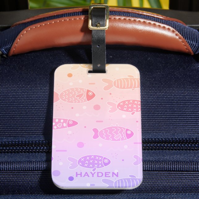 Gradient Sunset Fish Pattern Modern Personalised Luggage Tag (Front Insitu 2)