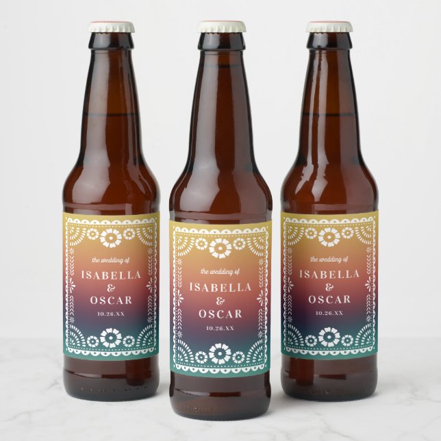 Gradient Sunset Papel Picado Inspired Wedding  Beer Bottle Label (Bottles)