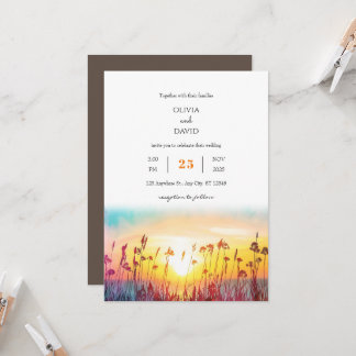 Gradient Sunset Silhouettes Coastal Beach wedding  Invitation