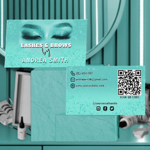 Gradient Teal Lashes Brows Makeup Artist QR Code Business Card