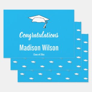 Grad's Name on Sky Blue Graduation Congratulations Wrapping Paper Sheet