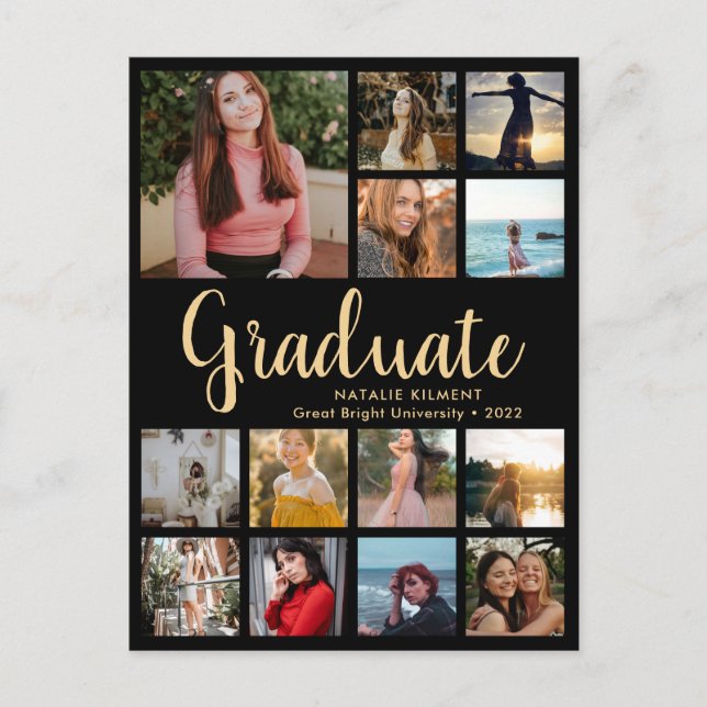 Graduate 13 Photo Collage Black & Gold Graduation Announcement Postcard (Front)
