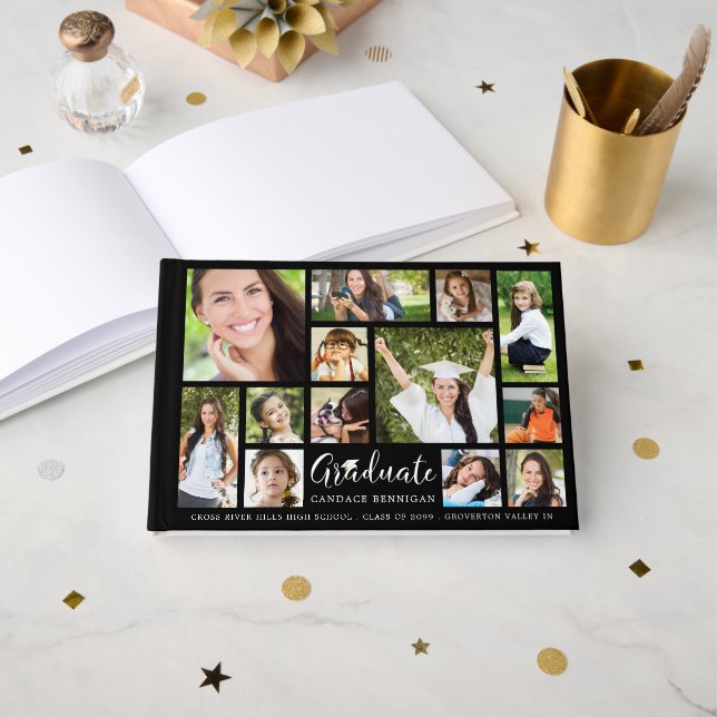 GRADUATE 13 Photo Collage Script Custom Colour Guest Book (Front Open)