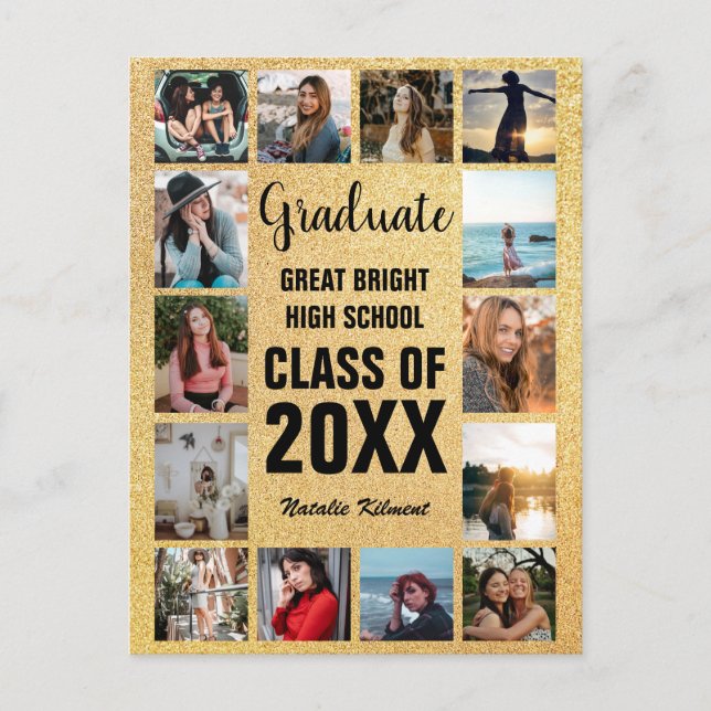 Graduate 14 Photo Collage Black & Gold Graduation Announcement Postcard (Front)