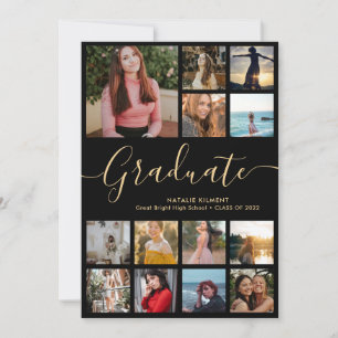 Graduate 14 Photo Collage Black & Gold Graduation Invitation