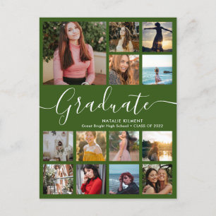 Graduate 14 Photo Collage Green & White Graduation Announcement Postcard