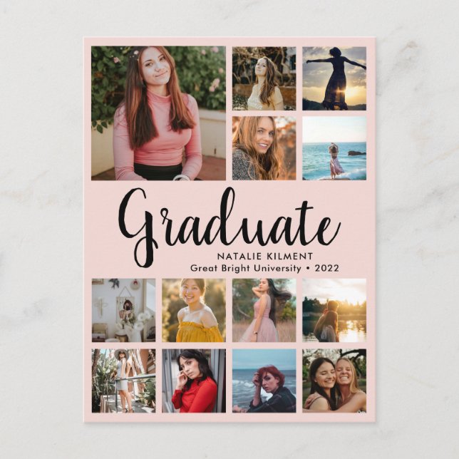 Graduate 14 Photo Collage Pink & Black Graduation Announcement Postcard (Front)