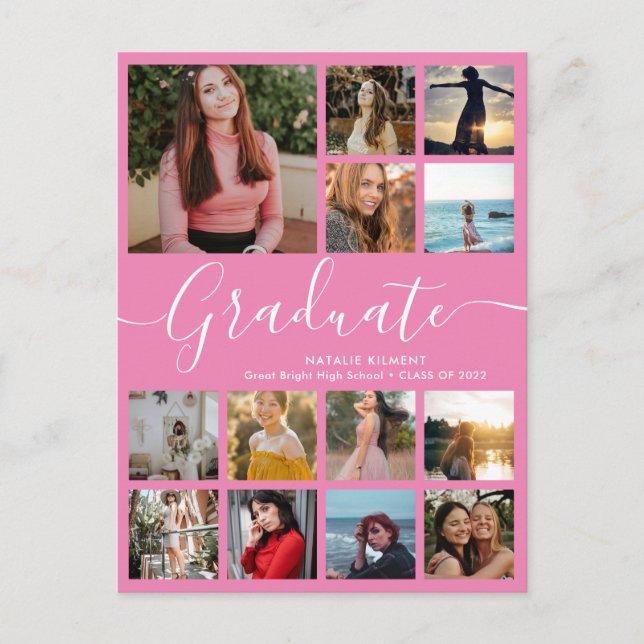 Graduate 14 Photo Collage Pink & White Graduation Announcement Postcard (Front)