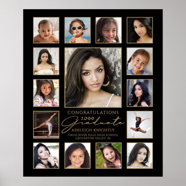 Graduate 15 Photo Collage Handwritten Script Black Poster (Front)