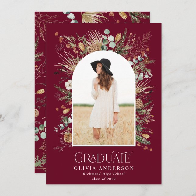 Graduate 1 photo arch watercolor botanical floral announcement (Front/Back)