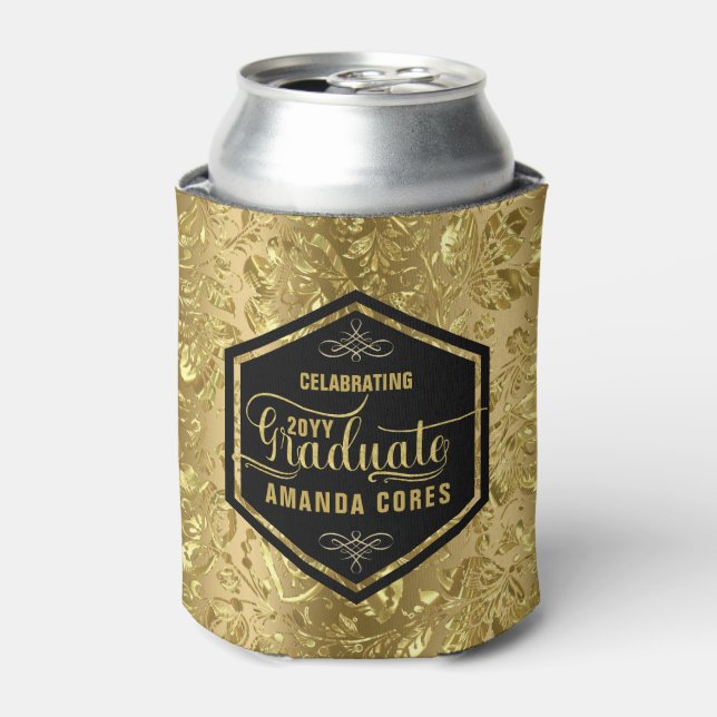 Graduate 2017 Typography & Gold Floral Damasks Can Cooler (Can Front)