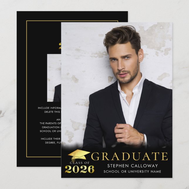 Graduate 2025 Black Faux Metallic Gold 2 Photos Announcement (Front/Back)