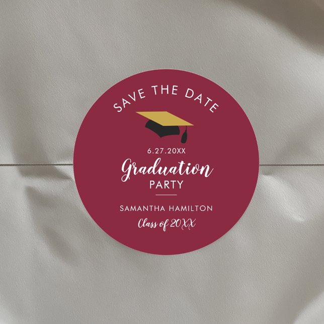 Graduate 2025 Burgundy Save the Date Grad Party Classic Round Sticker (Graduation Save the Date Burgundy Classic Round Sticker)