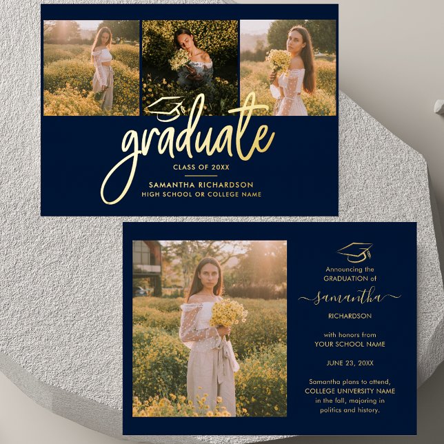 Graduate 2025 Photo Collage Navy Blue Gold (Graduation 2025 Multi Photo Script Gold Foil Announcement)