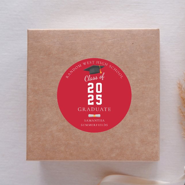 Graduate 2025 Red and White Graduation Party Classic Round Sticker (Graduation 2025 Photo Red and White Modern Grad Round Sticker)