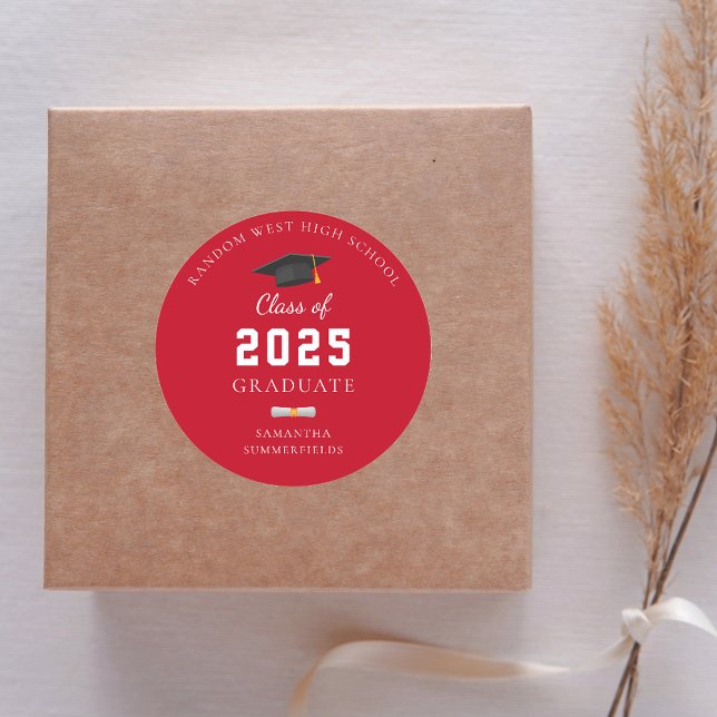 Graduate 2025 Red Personalised Graduation Party Classic Round Sticker (Graduation 2025 Red and White Round Sticker)