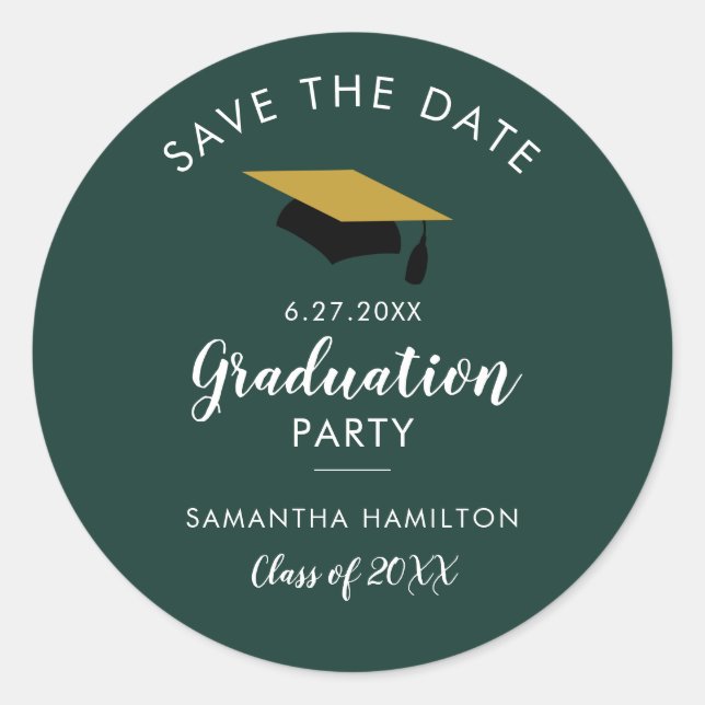 Graduate 2026 Save the Date Grad Party Green Classic Round Sticker (Front)