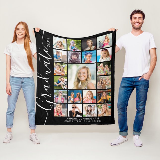 Graduate 21 Photo Collage Script Custom Colour Fleece Blanket (In Situ)