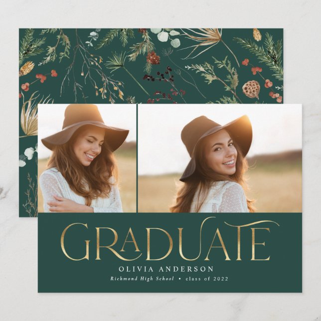 Graduate 2 photo arch watercolor botanical floral  announcement (Front/Back)