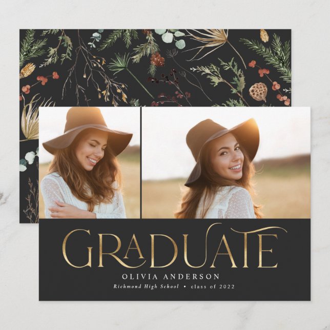 Graduate 2 photo arch watercolor botanical floral announcement (Front/Back)