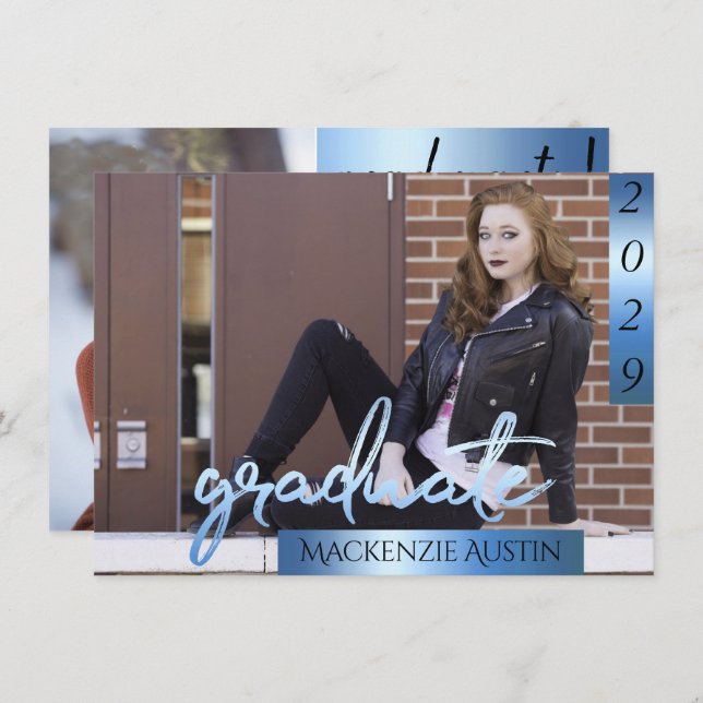 Graduate 2 Photo | Blue Script Cool Brush Keepsake Invitation (Front/Back)