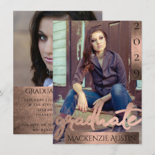 Graduate 2 Photo Copper Script Faux Metallic Invitation