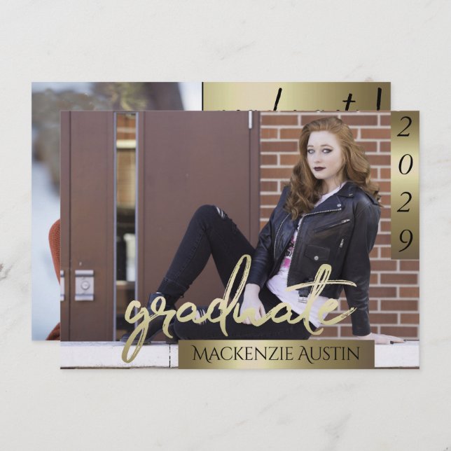 Graduate 2 Photo | Gold Script Elegant Grad Invitation (Front/Back)