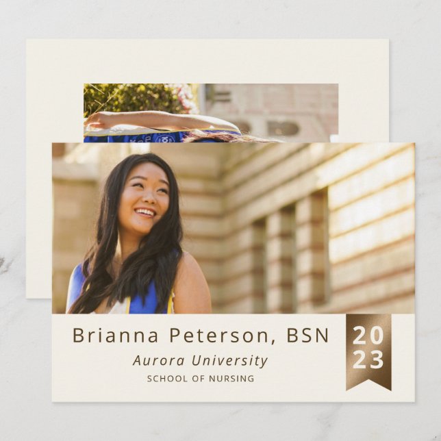 Graduate 2 photo Ivory Gold Faux Foil Sash Announcement (Front/Back)