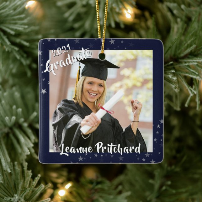 Graduate 2 Photo Navy Blue Stars Brush Script Ceramic Ornament (Tree)
