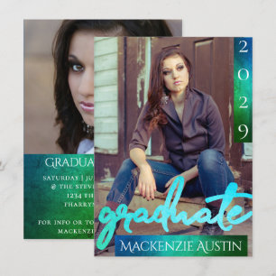 Graduate 2 Photo Ombre Script Dark Blue Keepsake Invitation