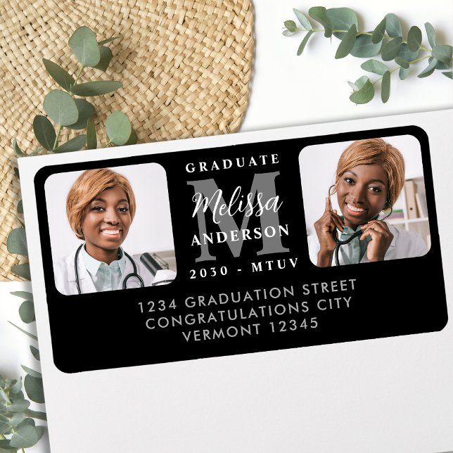 Graduate 2 Photo Personalised Return Address  Label (Creator Uploaded)