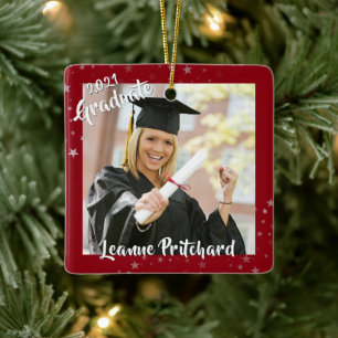 Graduate 2 Photo Red Stars Brush Script Keepsake Ceramic Ornament