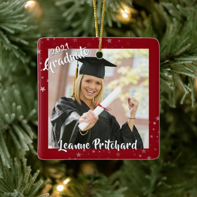 Graduate 2 Photo Red Stars Brush Script Keepsake Ceramic Ornament (Tree)