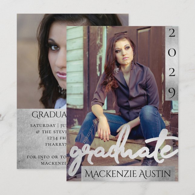 Graduate 2 Photo | Silver Script Brush Graduation Invitation (Front/Back)