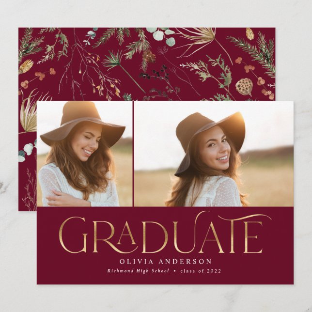 Graduate 2 photo watercolor botanical burgundy announcement (Front/Back)