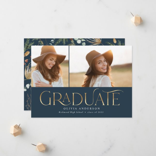 Graduate 2 photo watercolor botanical navy blue announcement (Front/Back In Situ)