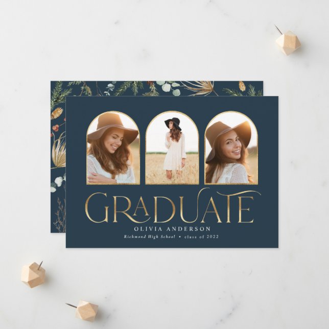 Graduate 3 photo arch watercolor botanical floral  announcement (Front/Back In Situ)