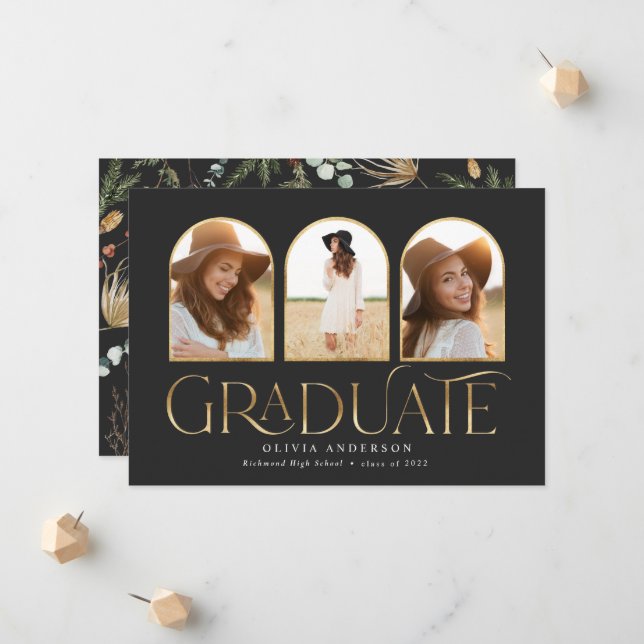 Graduate 3 photo arch watercolor botanical floral  announcement (Front/Back In Situ)