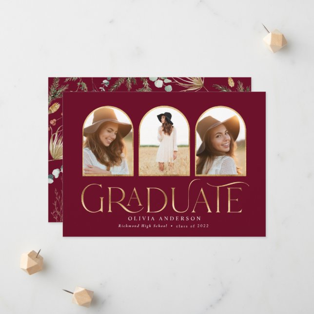 Graduate 3 photo arch watercolor botanical floral  announcement (Front/Back In Situ)