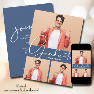 Graduate 3 Photo Blue Graduation Invitation